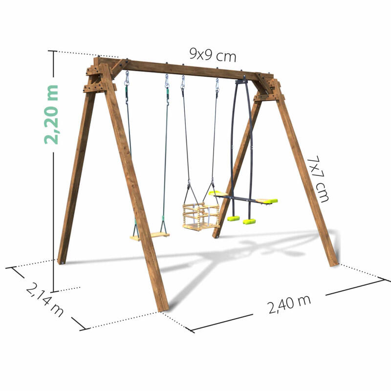 Portique en bois carré 3 agrès avec balançoire bébé et face à face PIERRE 4/5