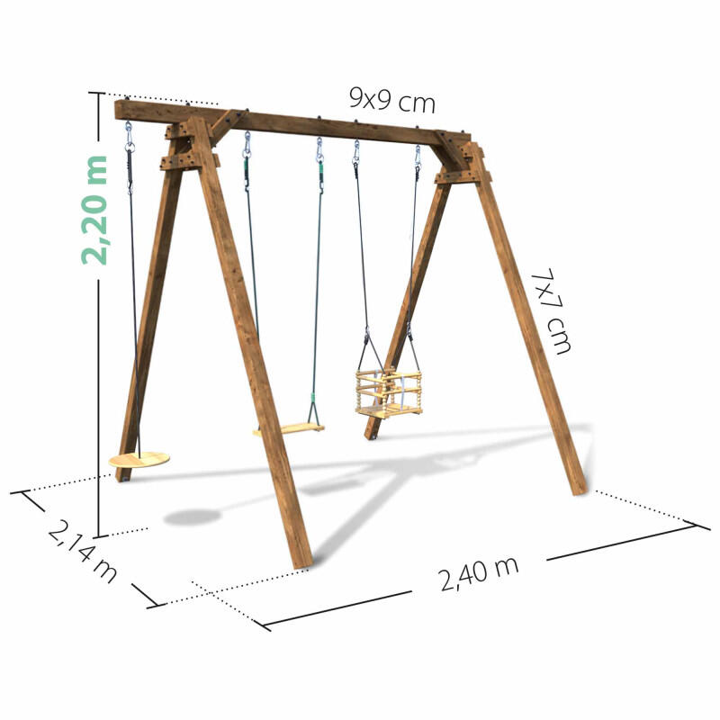 Portique en bois carré 3 agrès avec balançoire bébé et corde disque ULYSSE 4/5