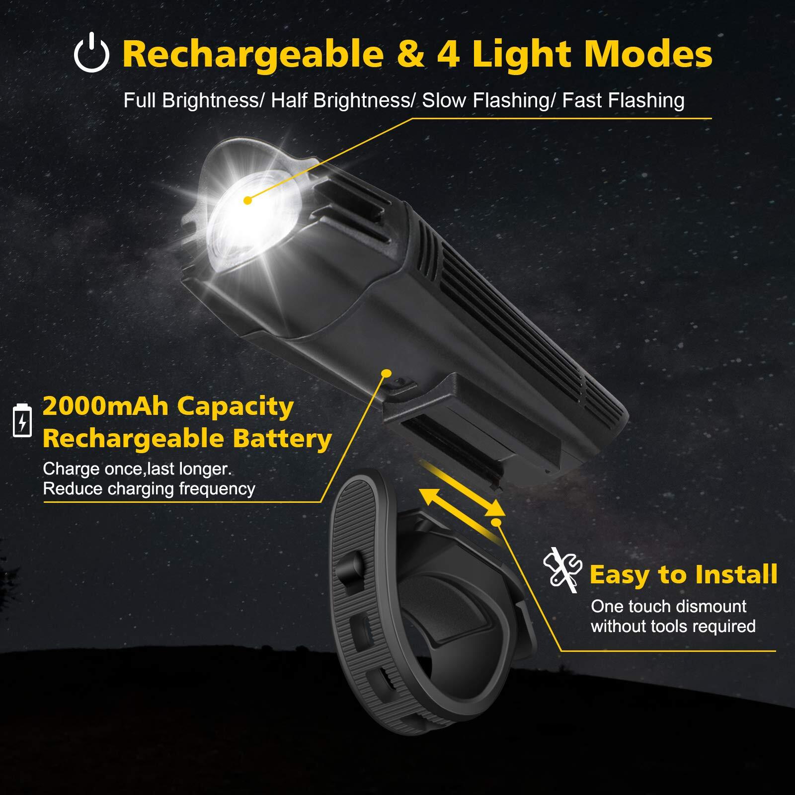 Éclairage de vélo USB Rechargeable, Puissant éclairage LED pour vélo