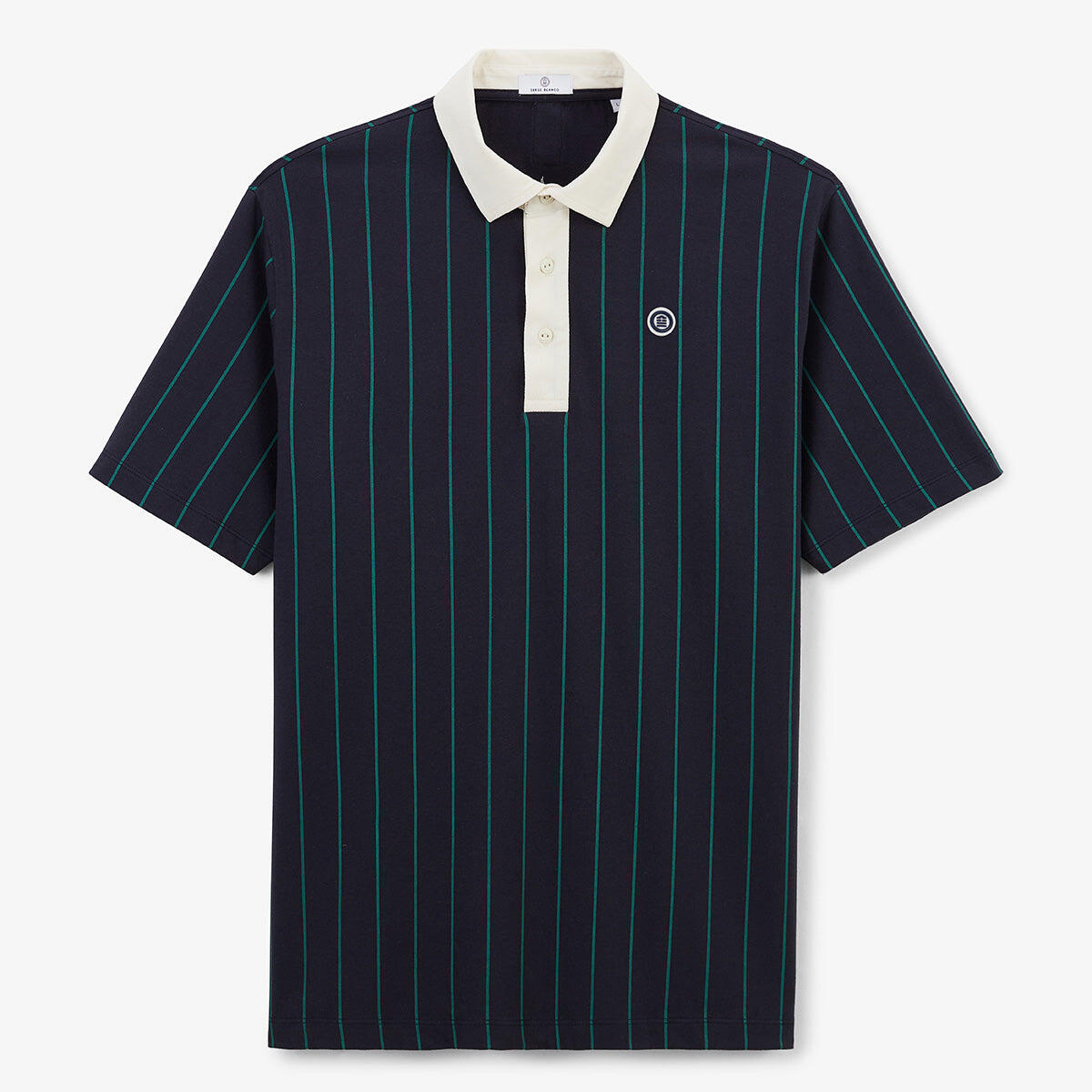 Polo de manga corta de jersey de algodón a rayas azul marino y verde 3/6