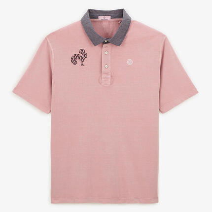 Polo manches courtes en jersey de coton broderie coq rose