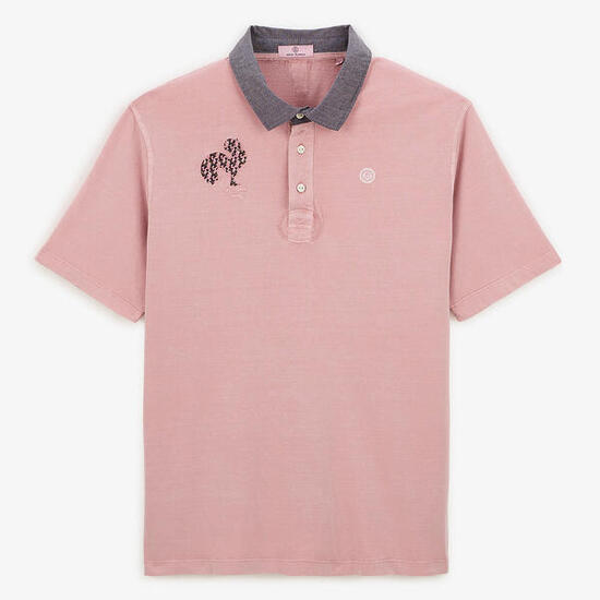 Polo manches courtes en jersey de coton broderie coq rose