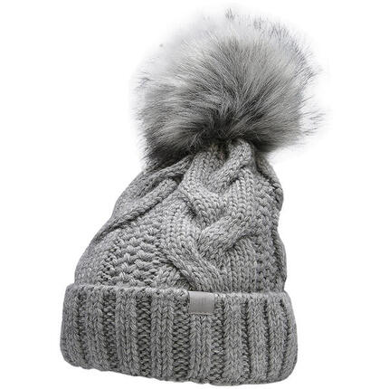 4F Damen-Beanie grau meliert mit Kunstfell-Pompon