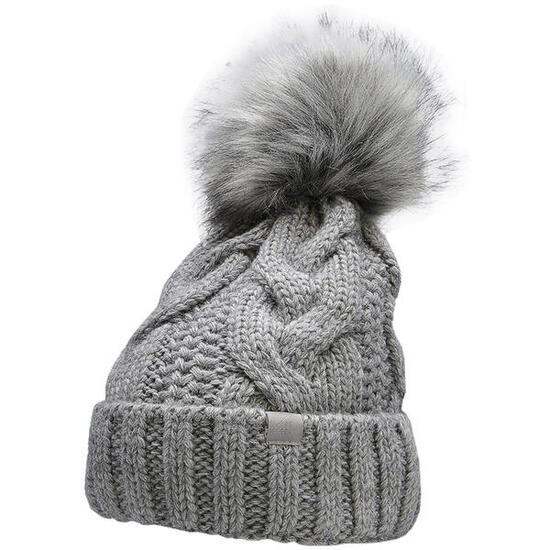 4F Damen-Beanie grau meliert mit Kunstfell-Pompon