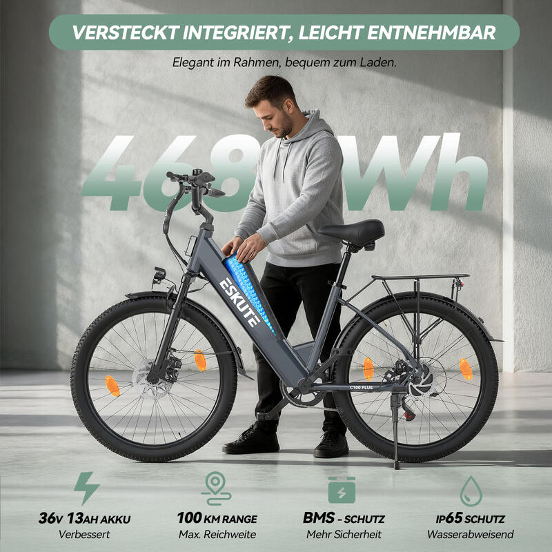 Bicicletă electrică ESKUTE C100 Plus, 26", motor 250W, baterie 36V13AH