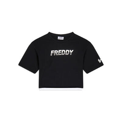 T-shirt cropped con inserto a contrasto e logo perlato