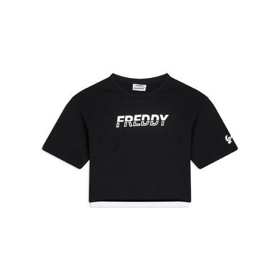 T-shirt cropped con inserto a contrasto e logo perlato