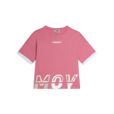 T-shirt con stampa MOV perlata e dettagli a contrasto