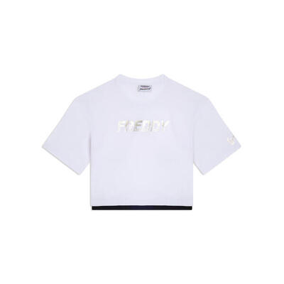 T-shirt cropped con inserto a contrasto e logo perlato