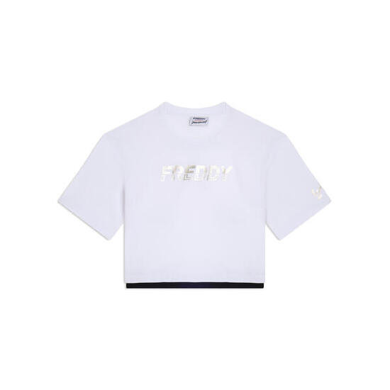 T-shirt cropped con inserto a contrasto e logo perlato