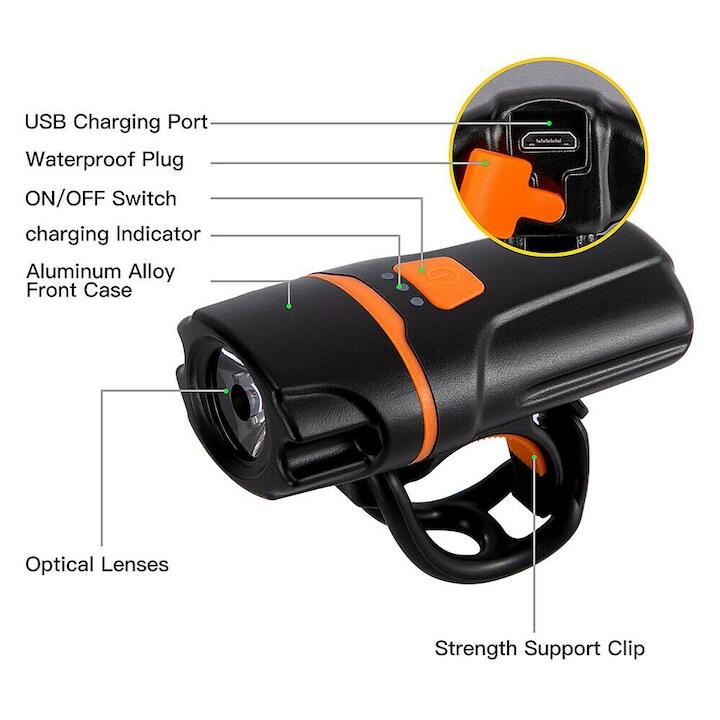 Far orange si stop 5 leduri, reincarcabile USB, 6 moduri de luminare