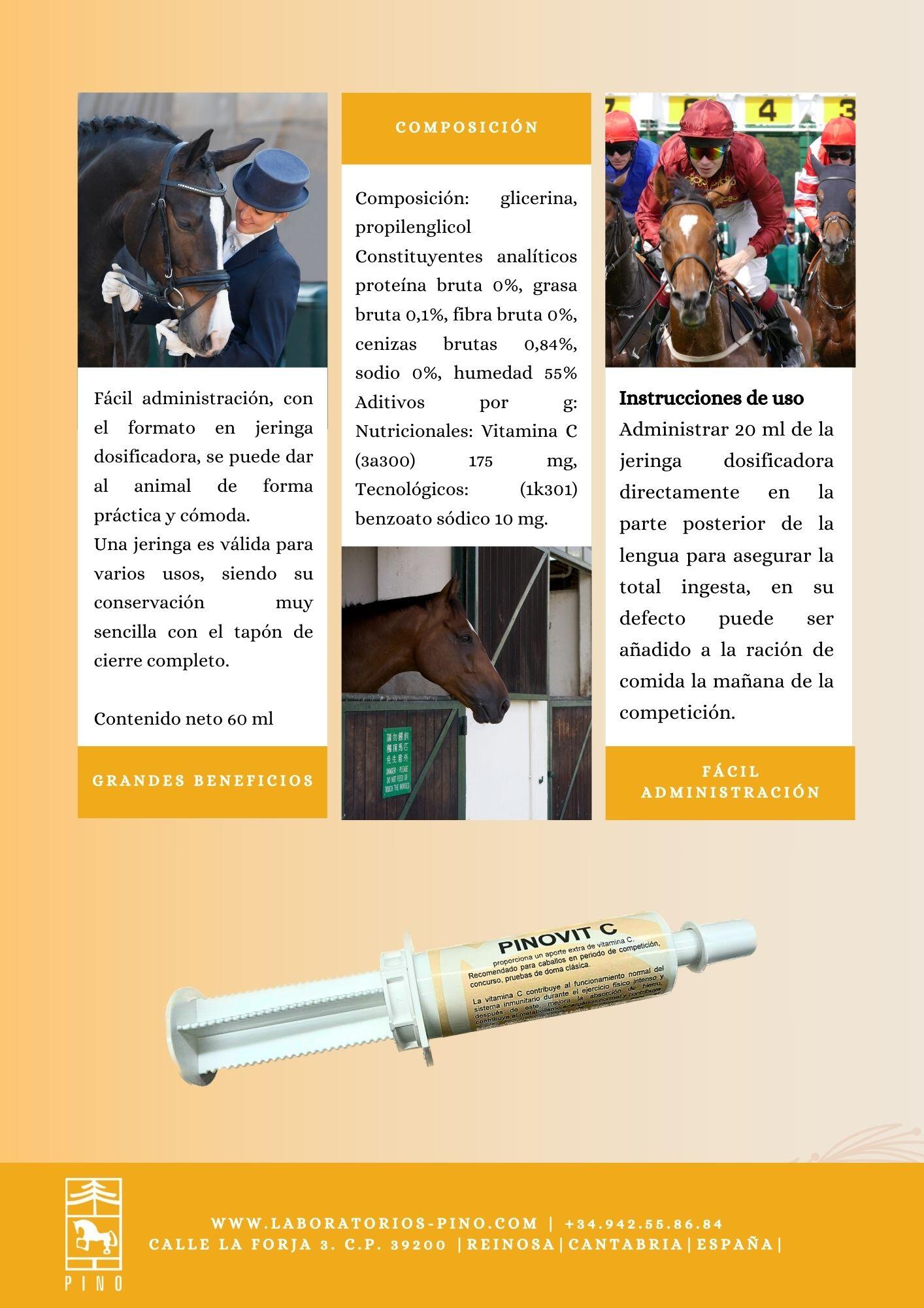 Vitamina C Caballos LABORATORIOS PINO Pinovit C Jet Jeringa 60 ml 3/4
