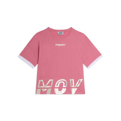 T-shirt con stampa MOV perlata e dettagli a contrasto