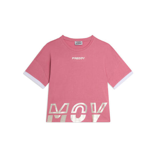 T-shirt con stampa MOV perlata e dettagli a contrasto