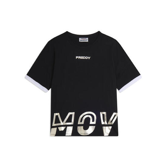 T-shirt con stampa MOV perlata e dettagli a contrasto