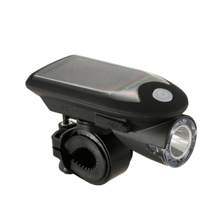 Far solar & reincarcabil USB, LED puternic, 3 moduri luminare, negru