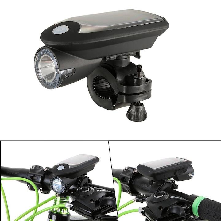 Far solar & reincarcabil USB, LED puternic, 3 moduri luminare, negru
