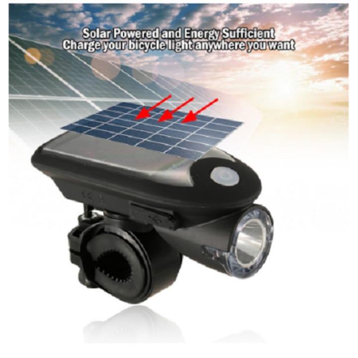 Far solar & reincarcabil USB, LED puternic, 3 moduri luminare, negru