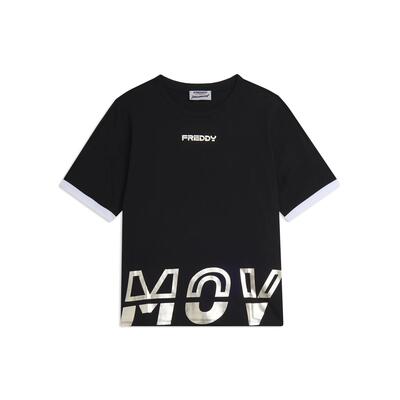 T-shirt con stampa MOV perlata e dettagli a contrasto