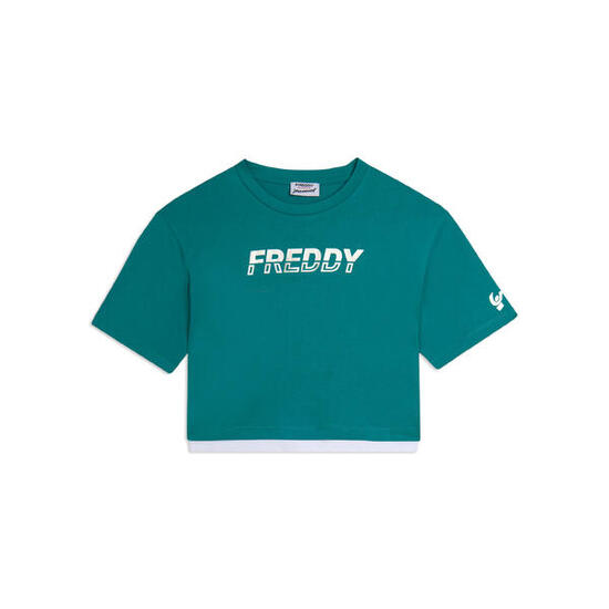T-shirt cropped con inserto a contrasto e logo perlato