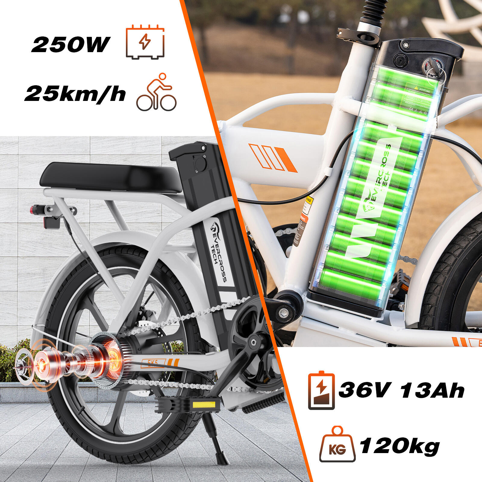 Bici elettrica pieghevole 16" 250W 13Ah 25 km/h EK5 compatta urbana 4/7