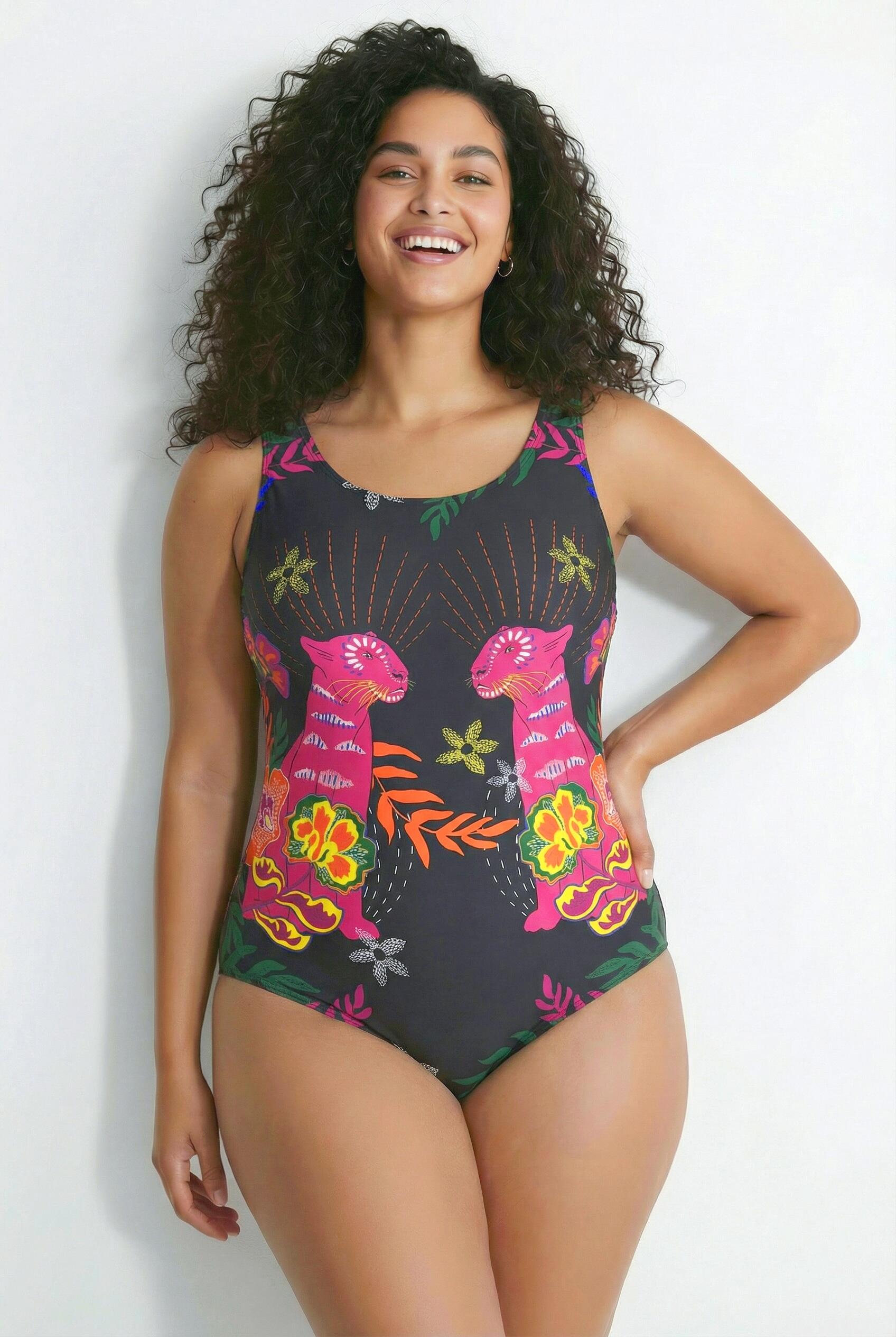 Femme Maillot de bain motif félins sans bonnets souples décolleté rond 5/7