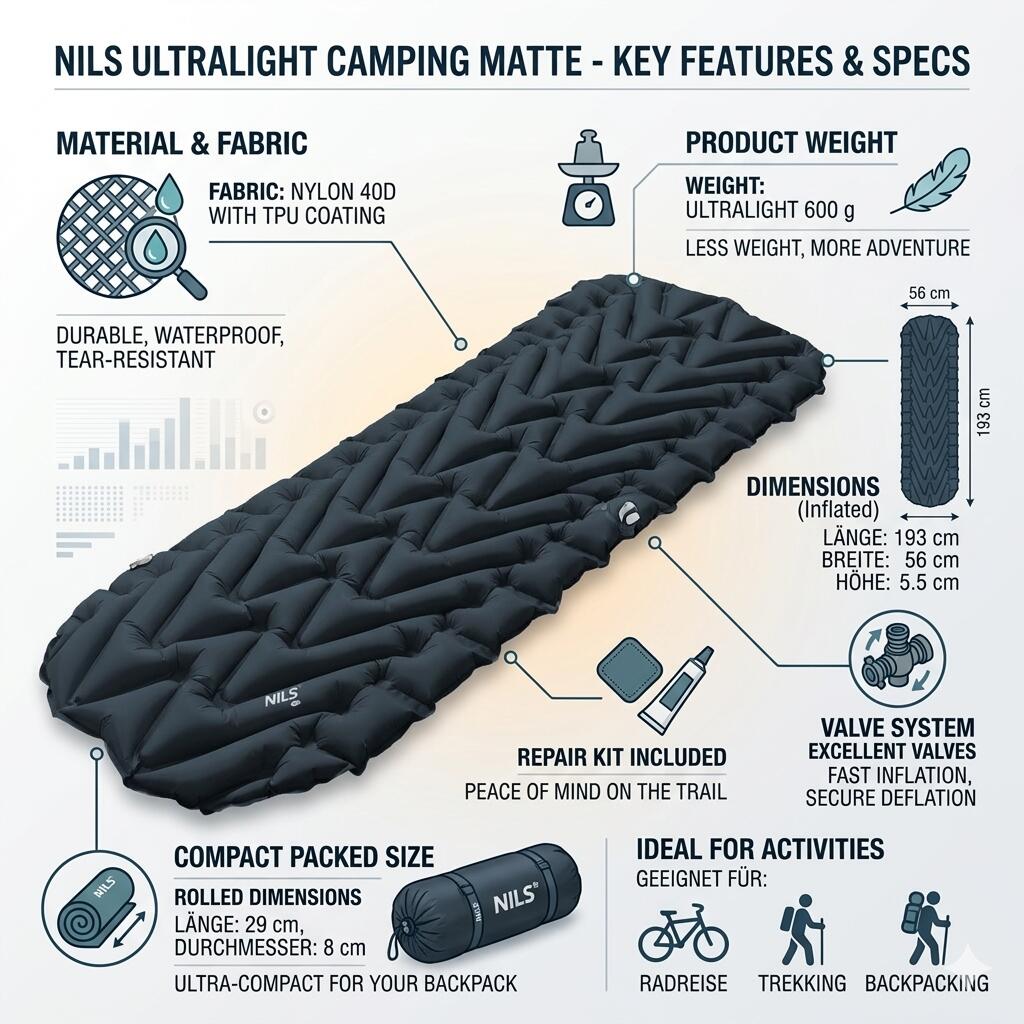 Isomatte Luftmatratze 193 cm x 56 cm Ultraleicht 600g Trekking Backpacking Antra 2/7