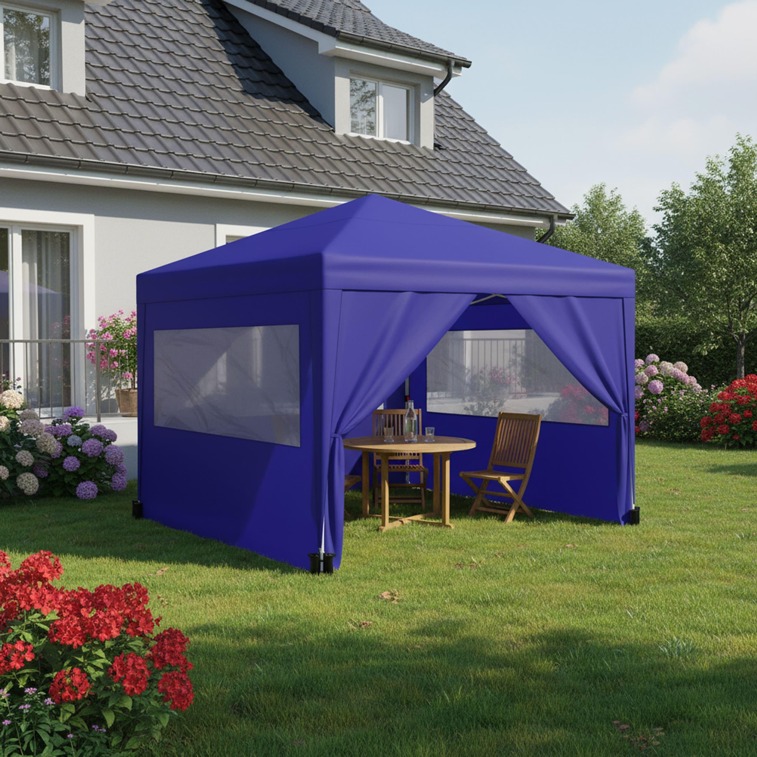 Tente pliante 3x3m bleue UPF50+ pour 10 personnes avec 4 parois et sac 3/7