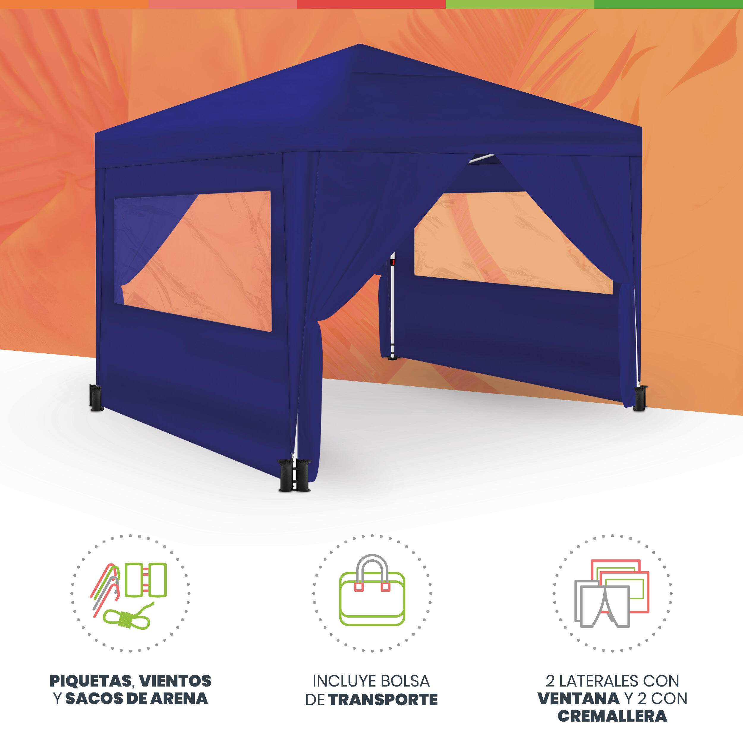 Tente pliante 3x3m bleue UPF50+ pour 10 personnes avec 4 parois et sac 2/7