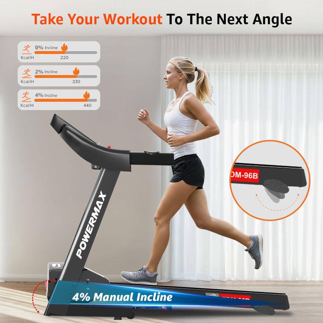 PowerMax Fitness TDM-96B 4HP DC Treadmill for Home, 110KG Max User, 4-Lvl Manual Incline, Foldable Cardio Machine, LED Display -  3