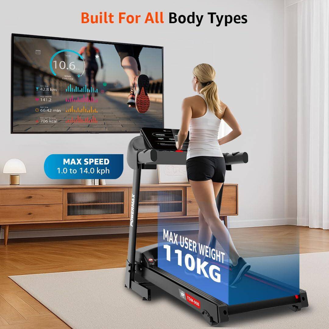 PowerMax Fitness TDM-96B 4HP DC Treadmill for Home, 110KG Max User, 4-Lvl Manual Incline, Foldable Cardio Machine, LED Display -  4