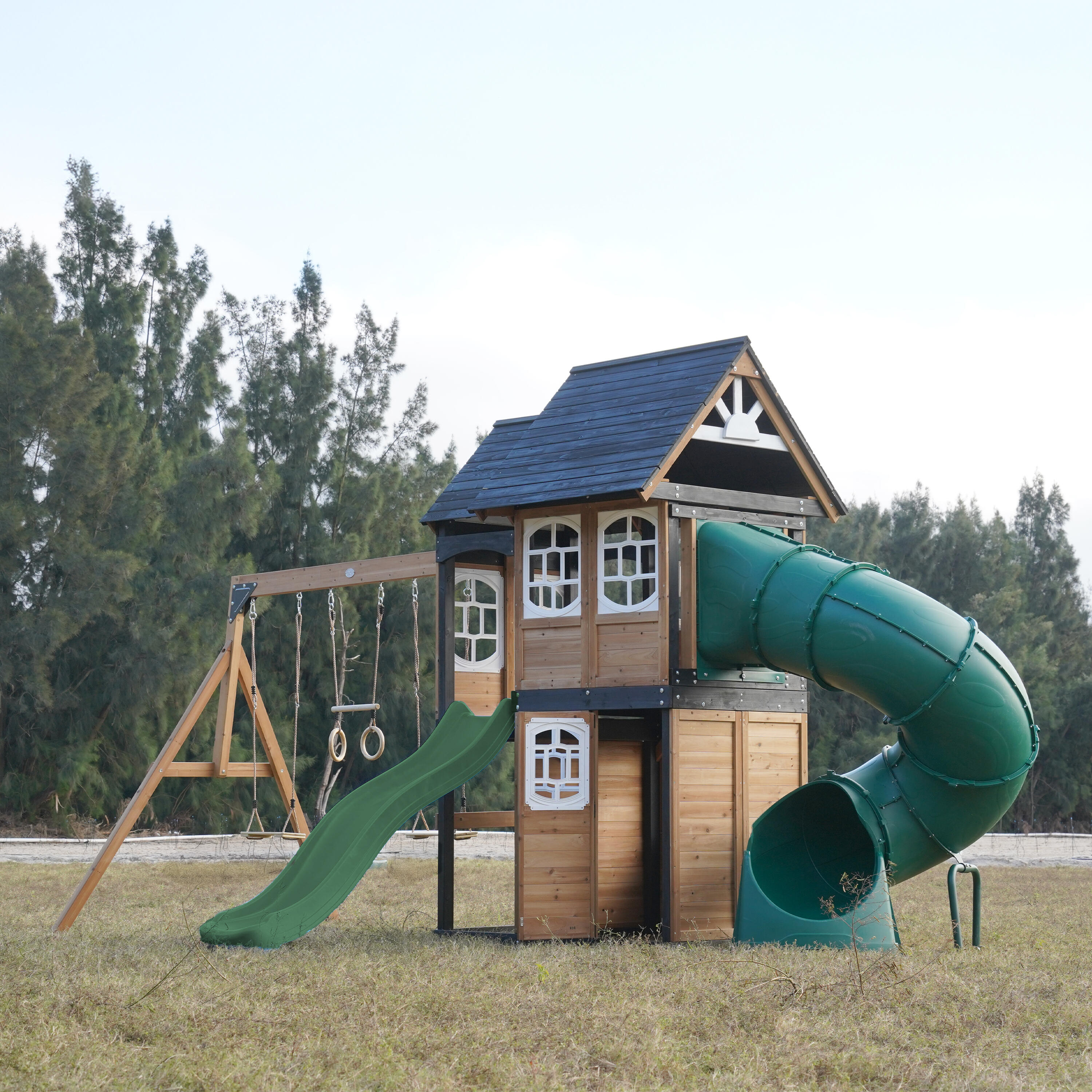 Aire de Jeux - AXI Noud - 2 Balançoires, Toboggan Tubulaire - Vert 3/7