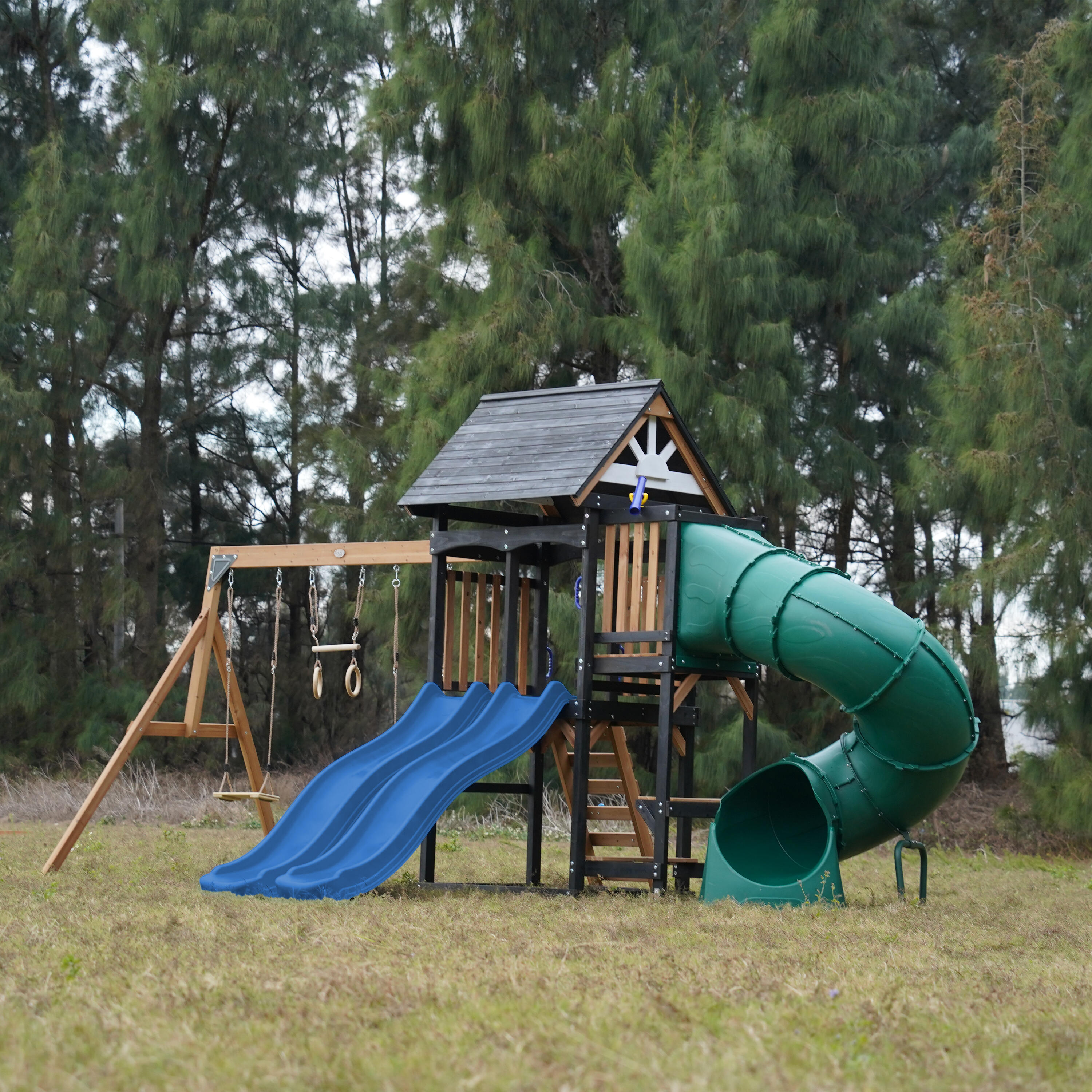 Spielturm - AXI Cody - 2 Schaukeln, Toboggan Röhrenrutsche - Blau 3/7