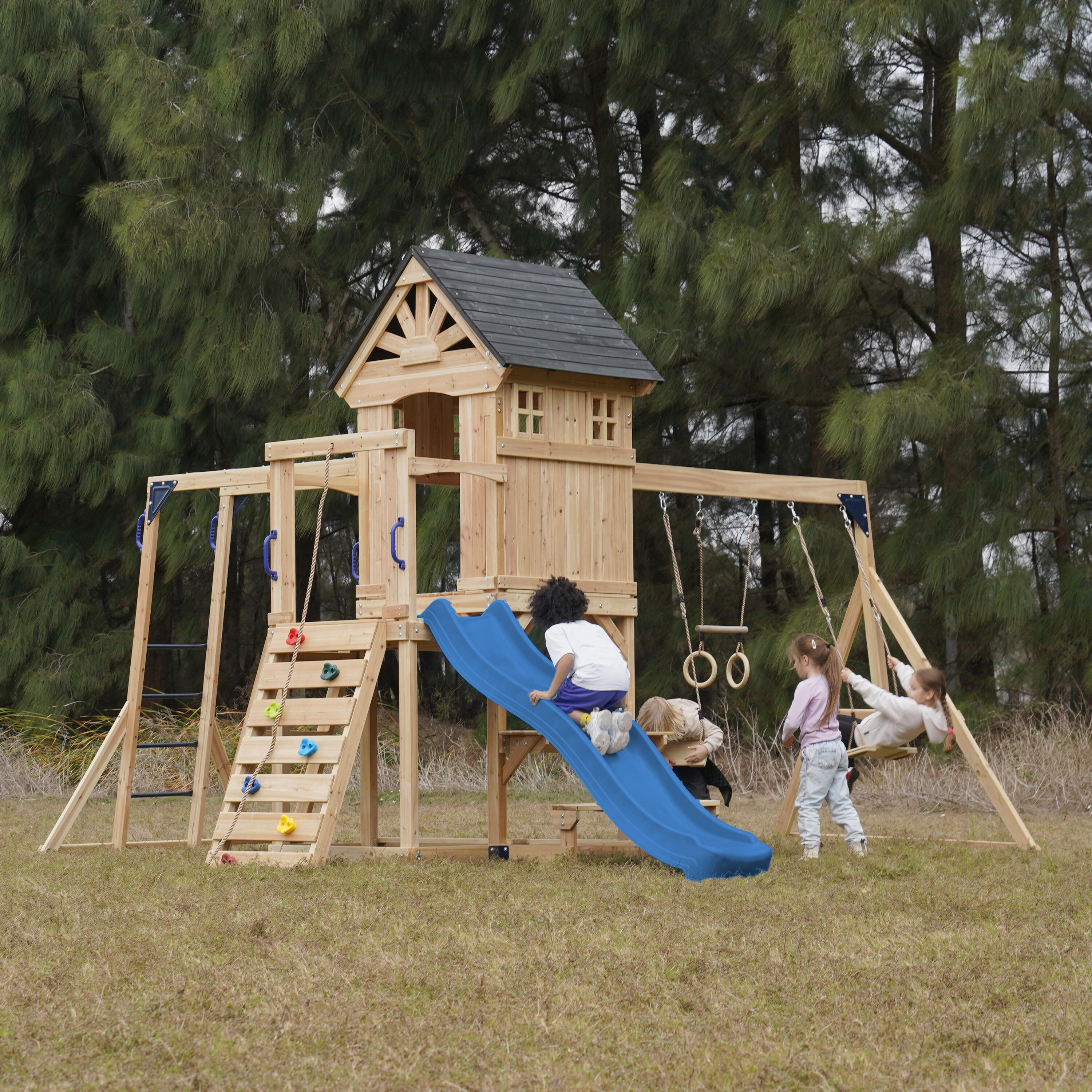 Aire de jeux, AXI Duncan, 2 Balançoires, 1 Toboggan, Bois, Bleu 3/7