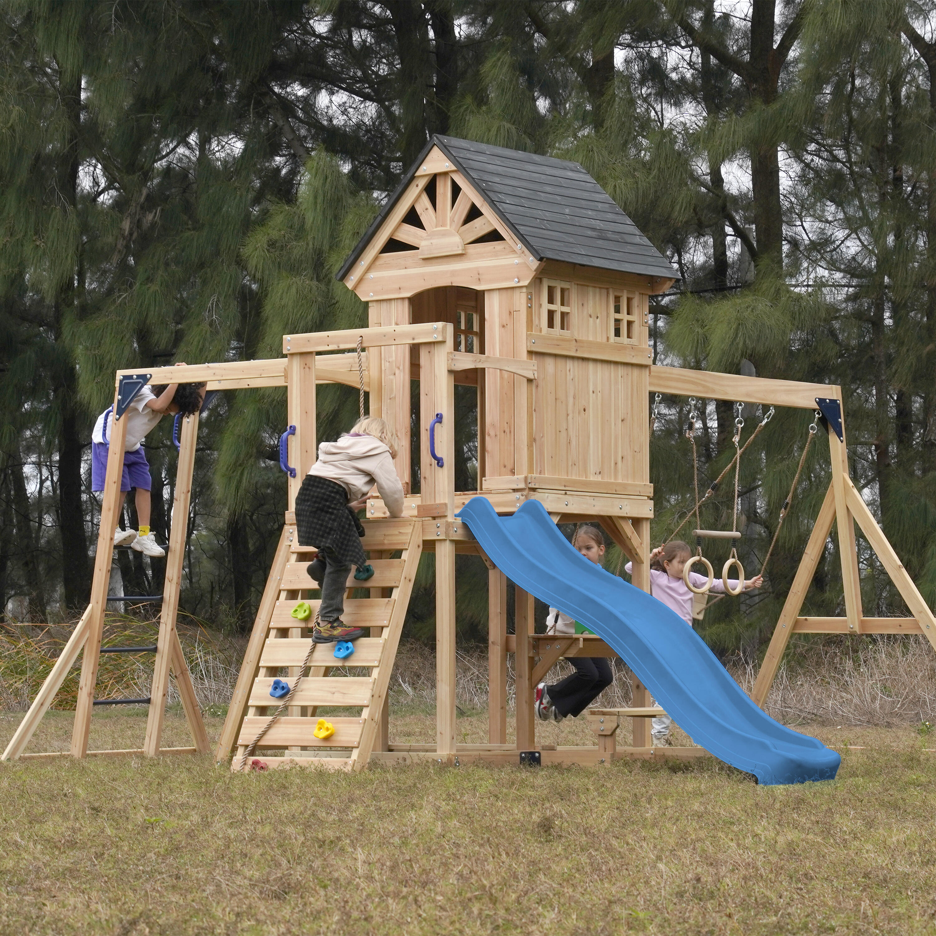 Aire de jeux, AXI Duncan, 2 Balançoires, 1 Toboggan, Bois, Bleu 5/7