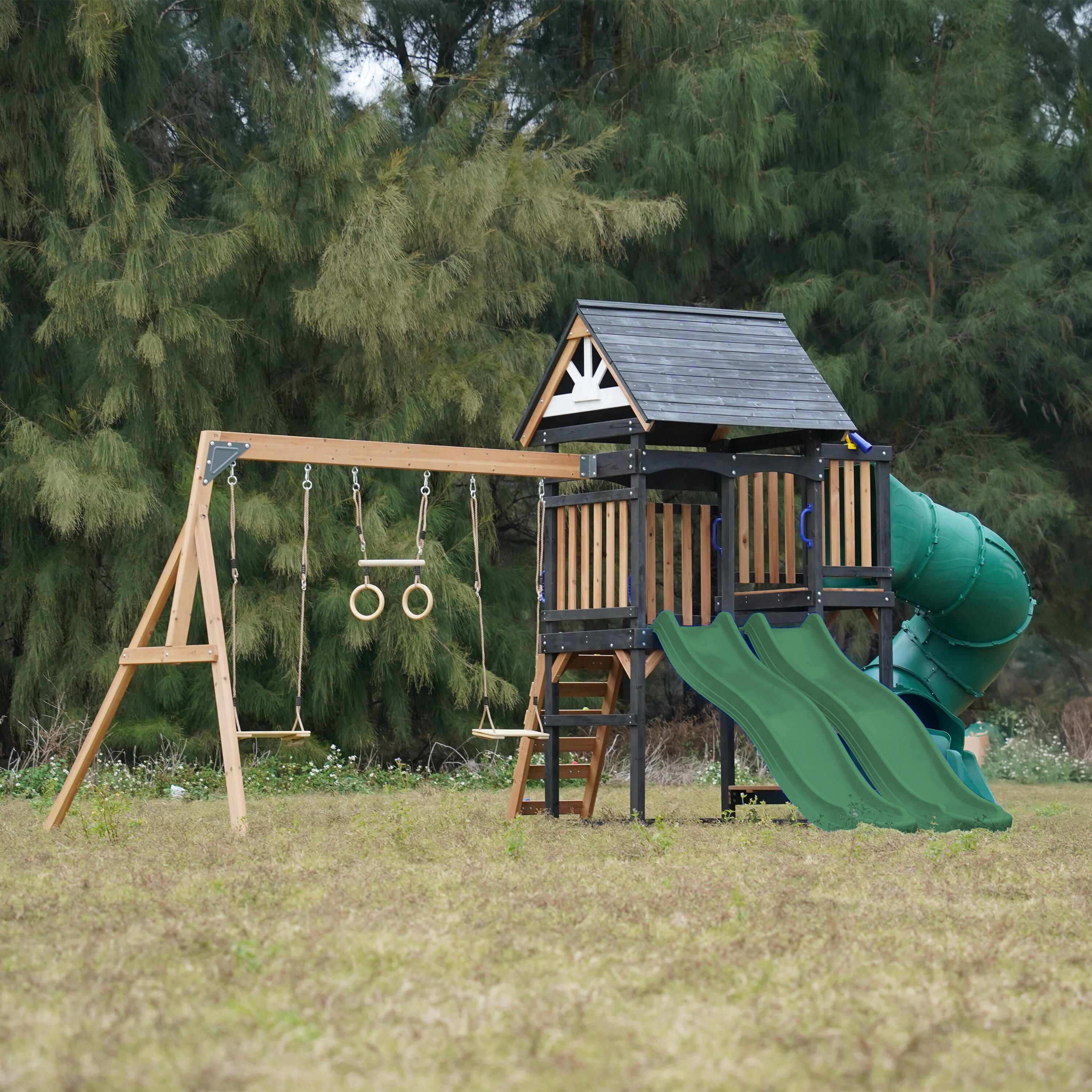 Spielturm - AXI Cody - 2 Schaukeln, Toboggan Röhrenrutsche - Grün 5/7