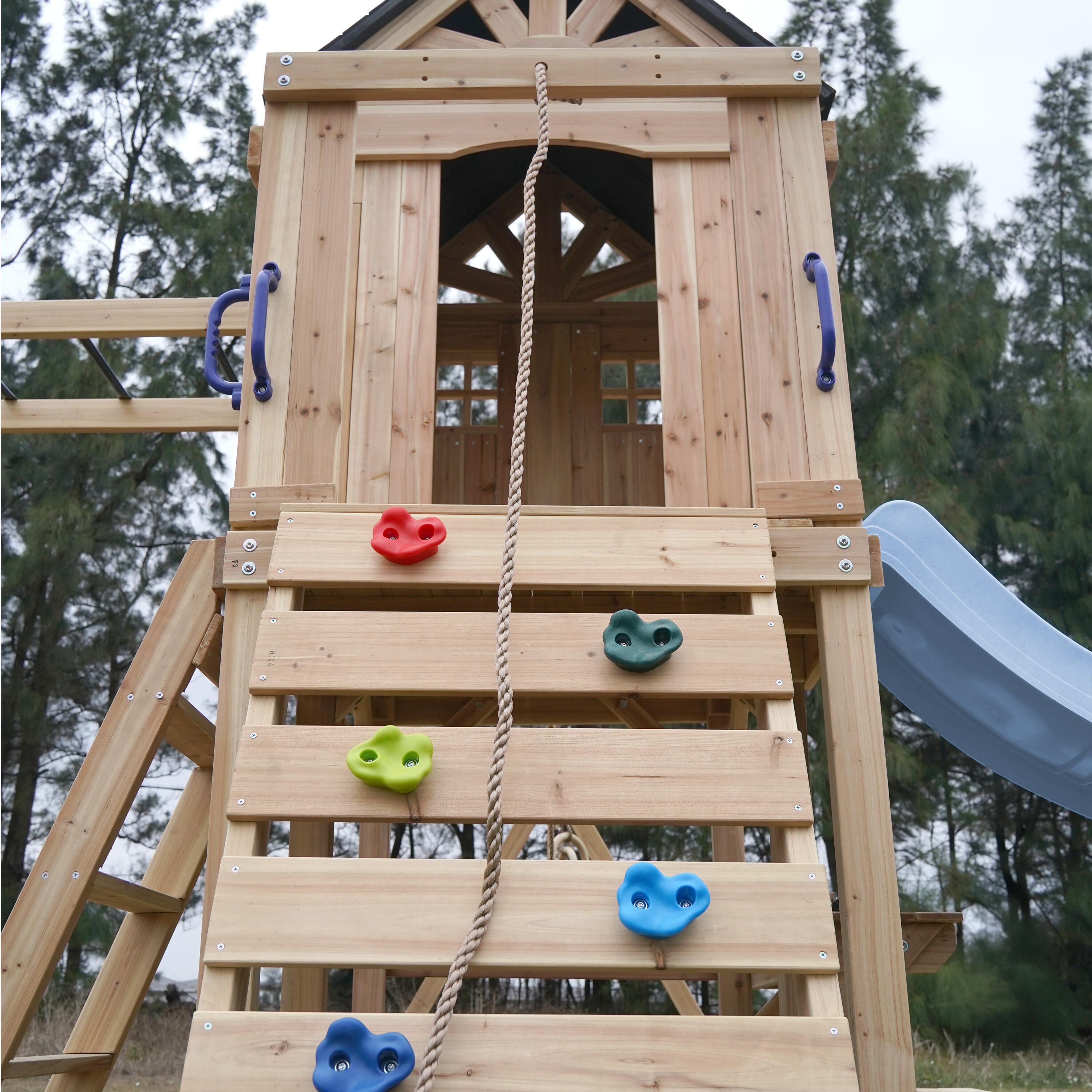 Speeltoestel, AXI Duncan, 2 schommels, 1 glijbaan, hout, pastelblauw 7/7
