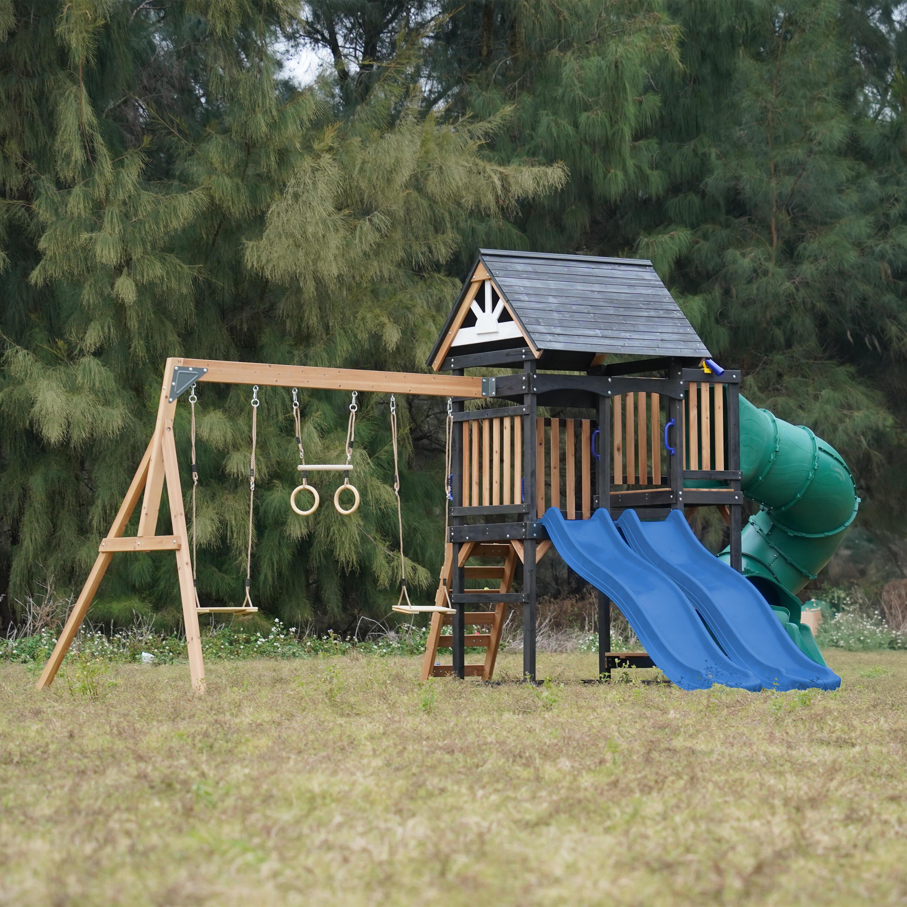 Spielturm - AXI Cody - 2 Schaukeln, Toboggan Röhrenrutsche - Blau 4/7