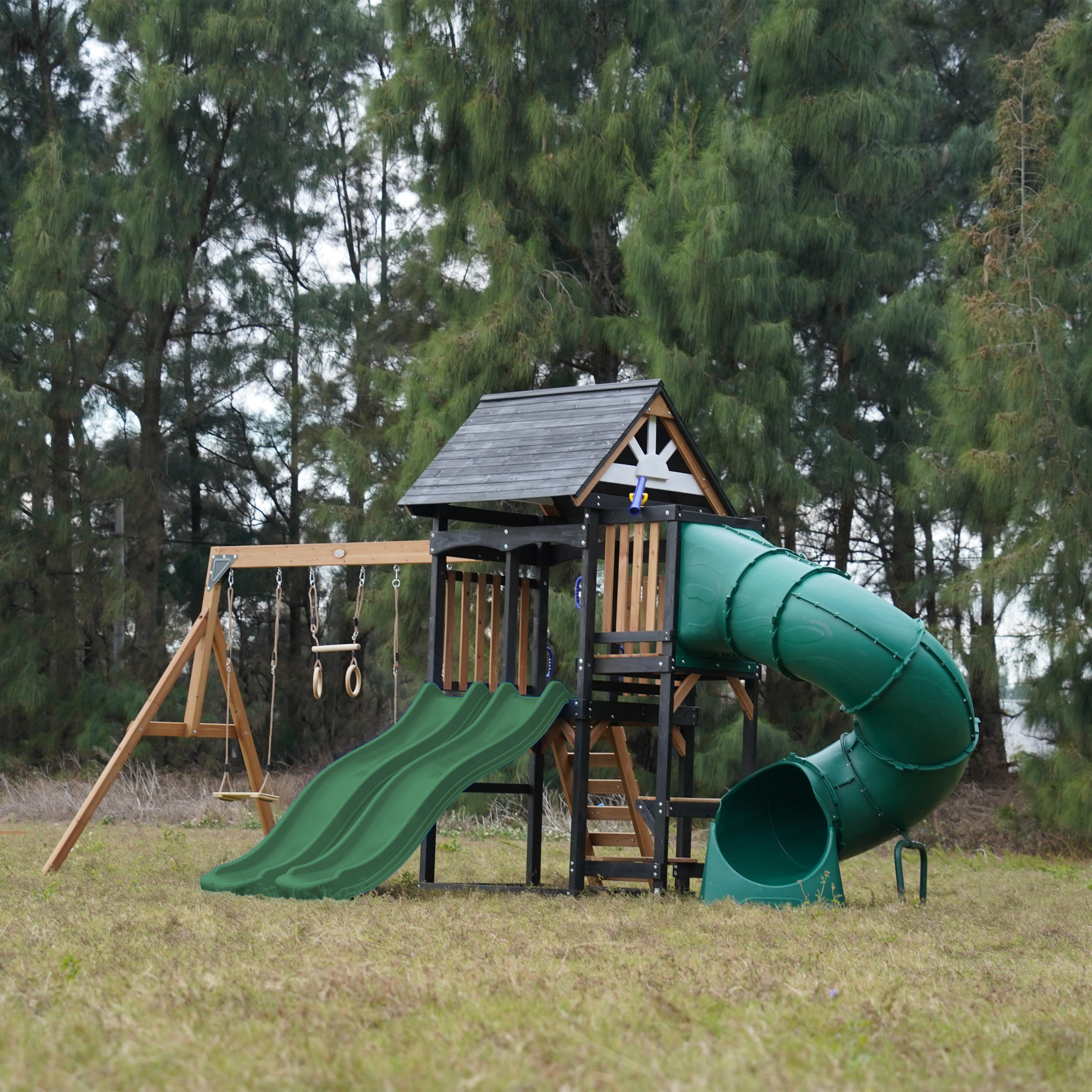 Spielturm - AXI Cody - 2 Schaukeln, Toboggan Röhrenrutsche - Grün 4/7