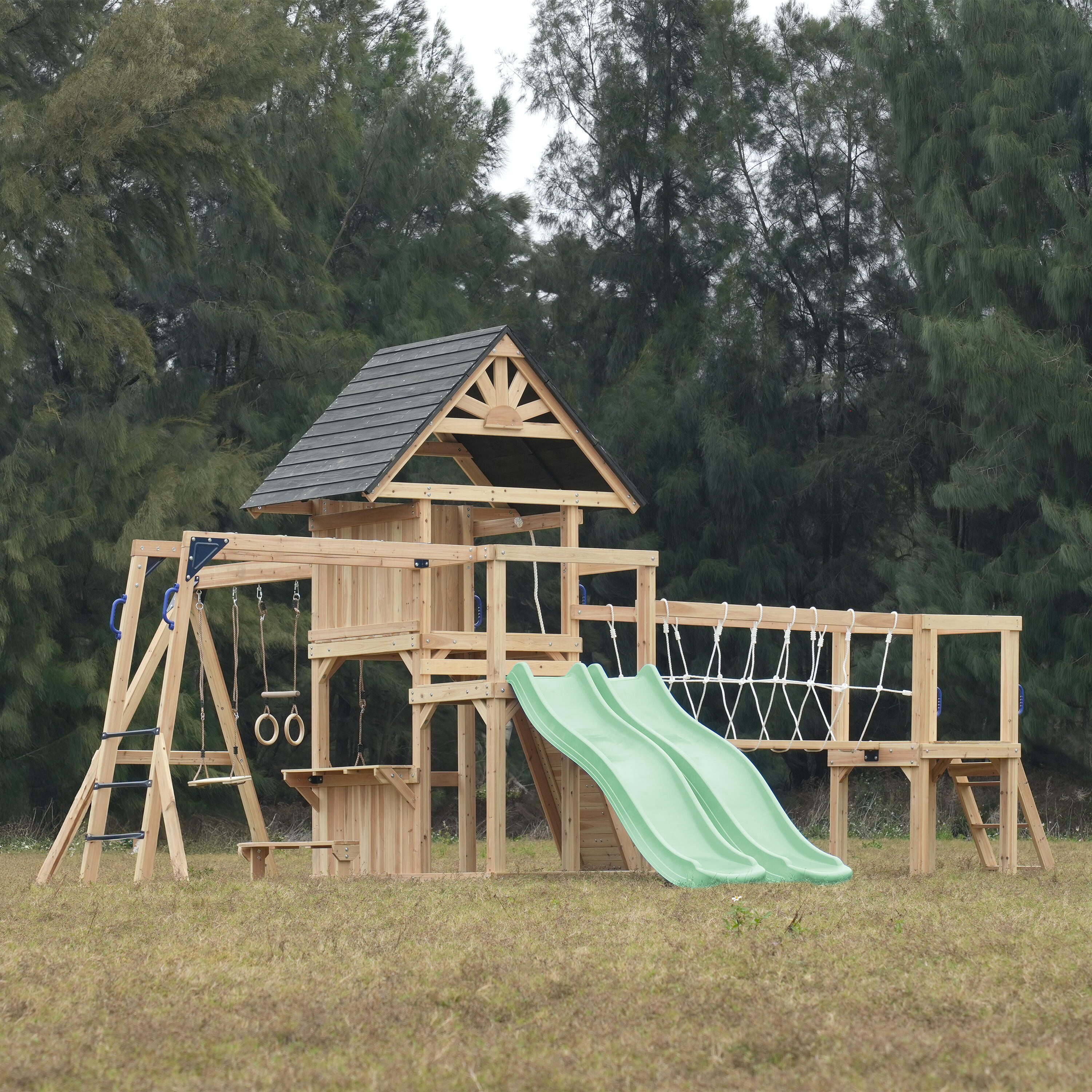 Aire de Jeux, AXI Hunter, 2 Balançoires, Toboggan Double, Vert Pastel 4/7