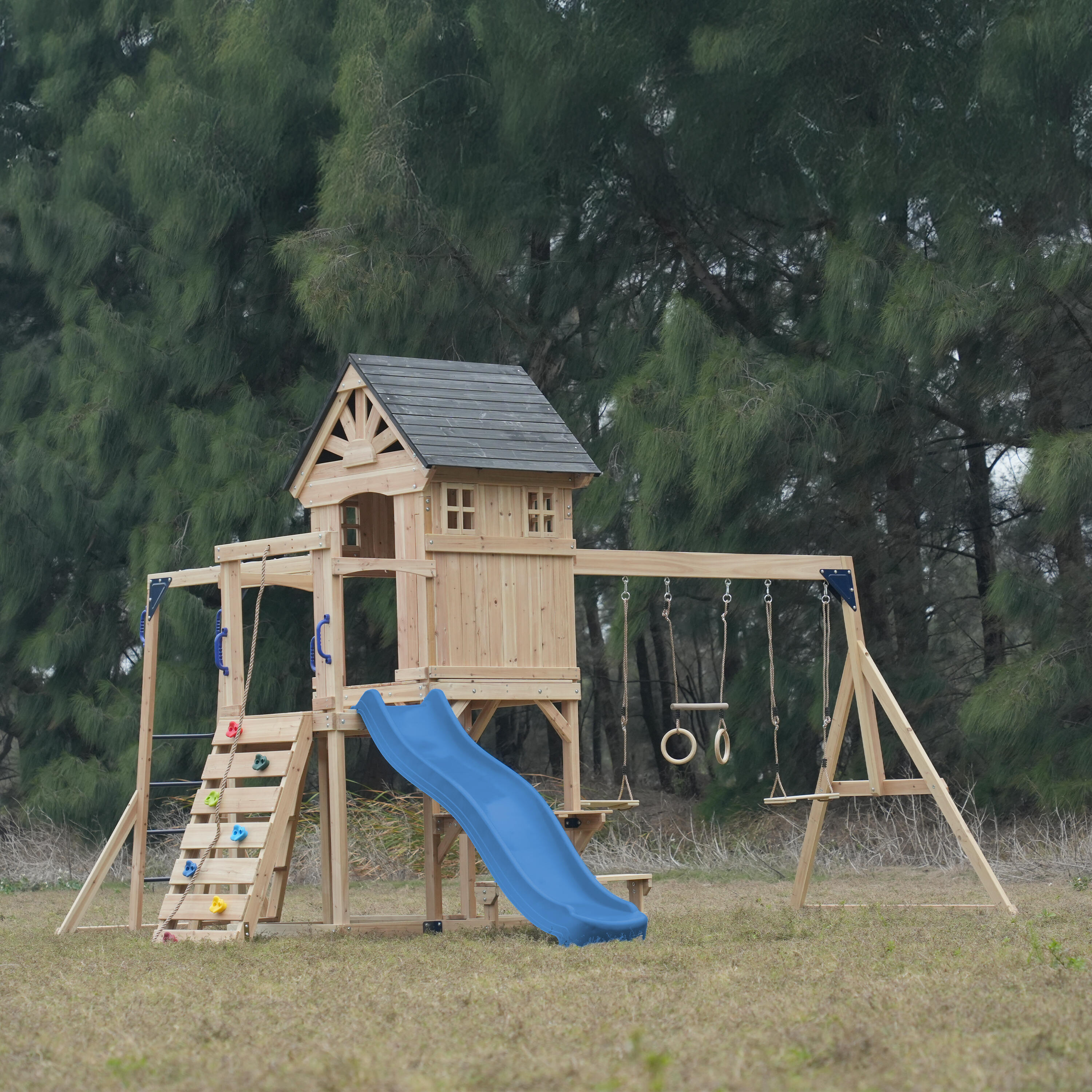 Aire de jeux, AXI Duncan, 2 Balançoires, 1 Toboggan, Bois, Bleu 4/7