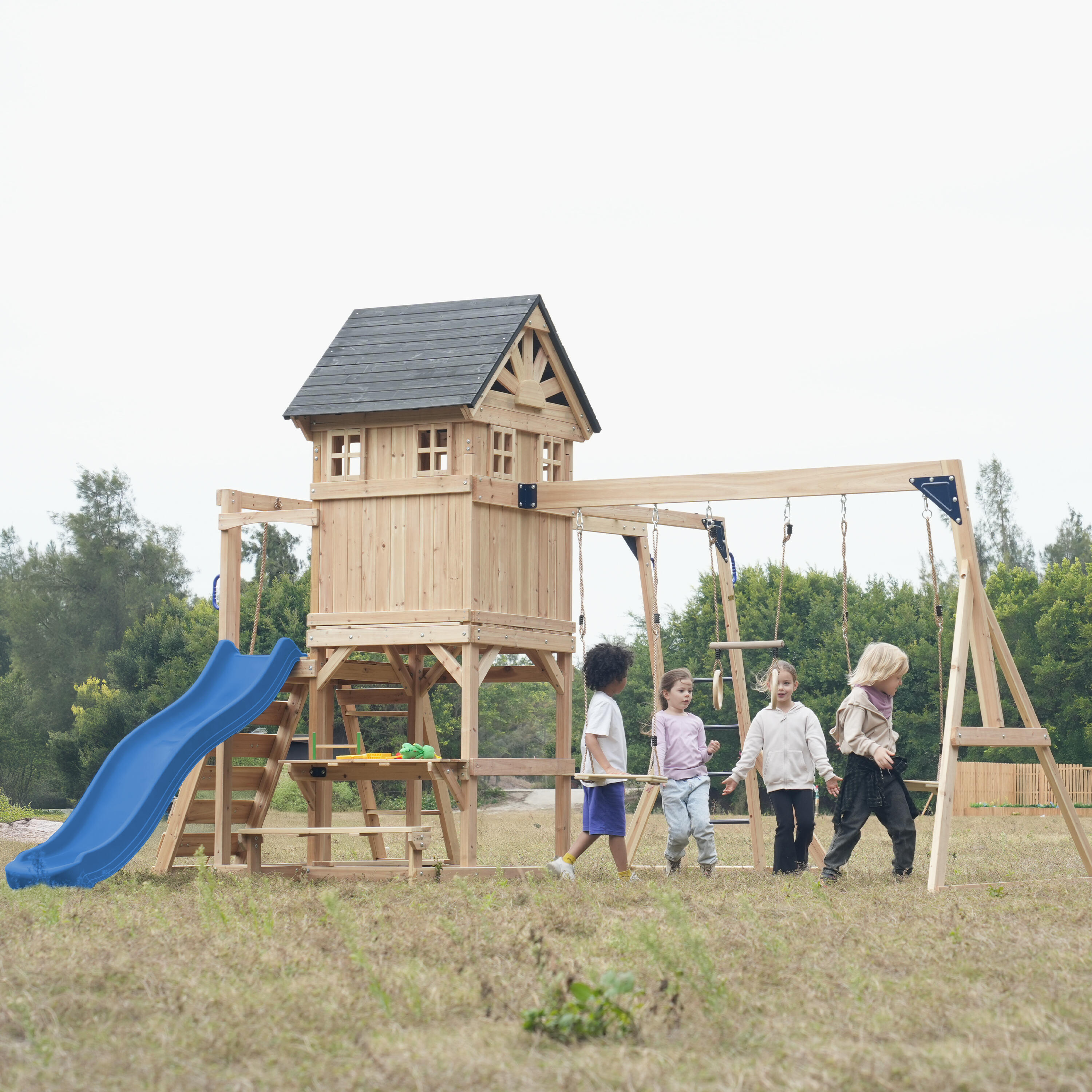 Aire de jeux, AXI Duncan, 2 Balançoires, 1 Toboggan, Bois, Bleu 6/7