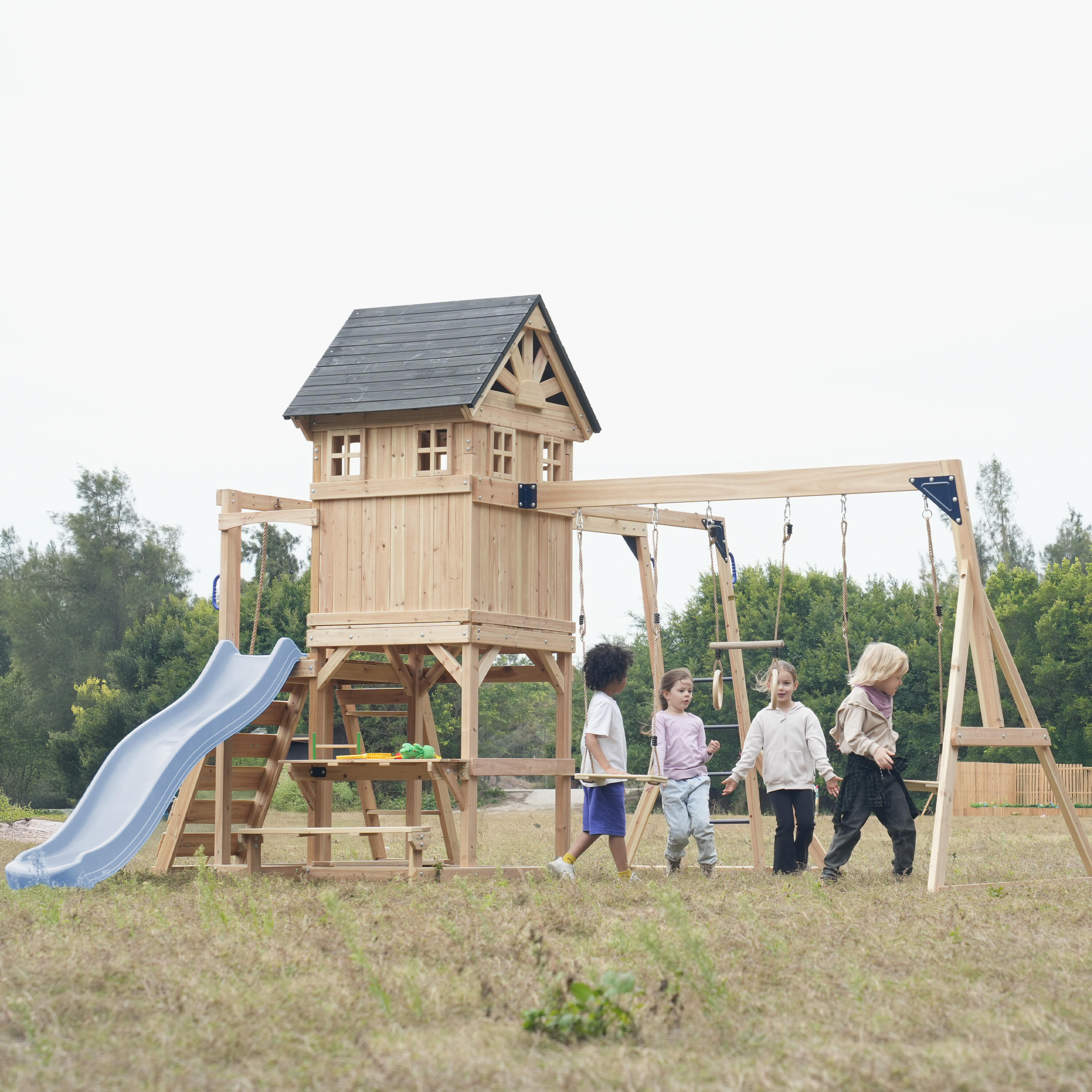 Speeltoestel, AXI Duncan, 2 schommels, 1 glijbaan, hout, pastelblauw 6/7