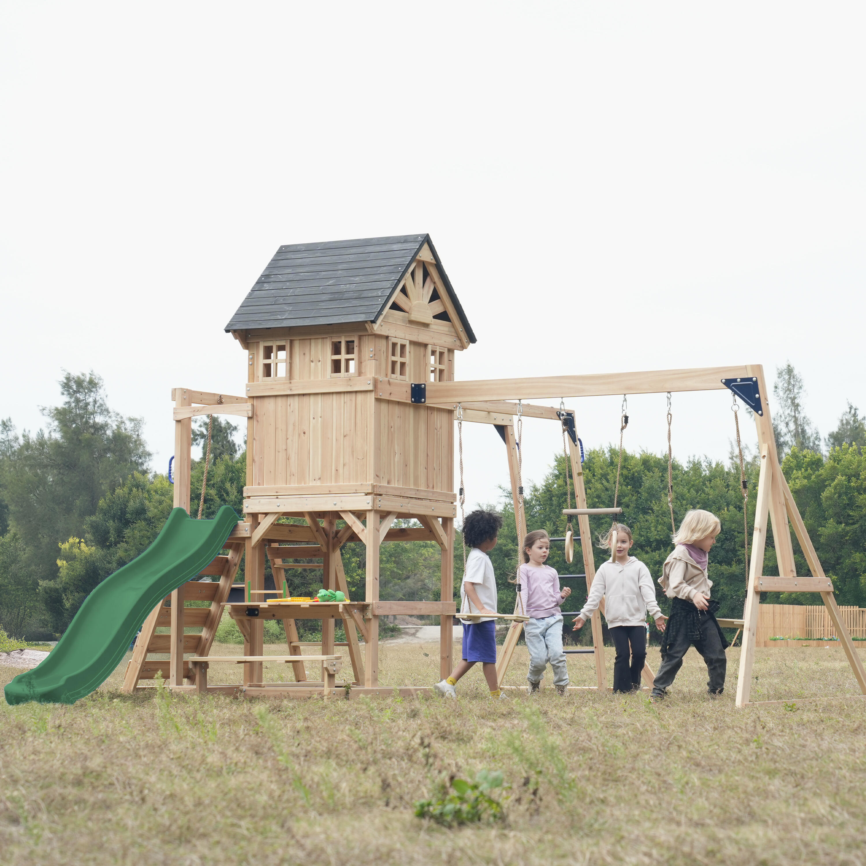 Speeltoestel, AXI Duncan, 2 schommels, 1 glijbaan, hout, groen 6/7