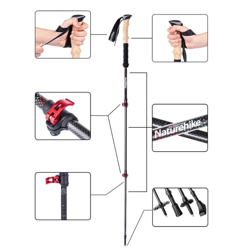 Bastones de trekking Naturehike de carbono ajustables con empuñadura de corcho 2/7