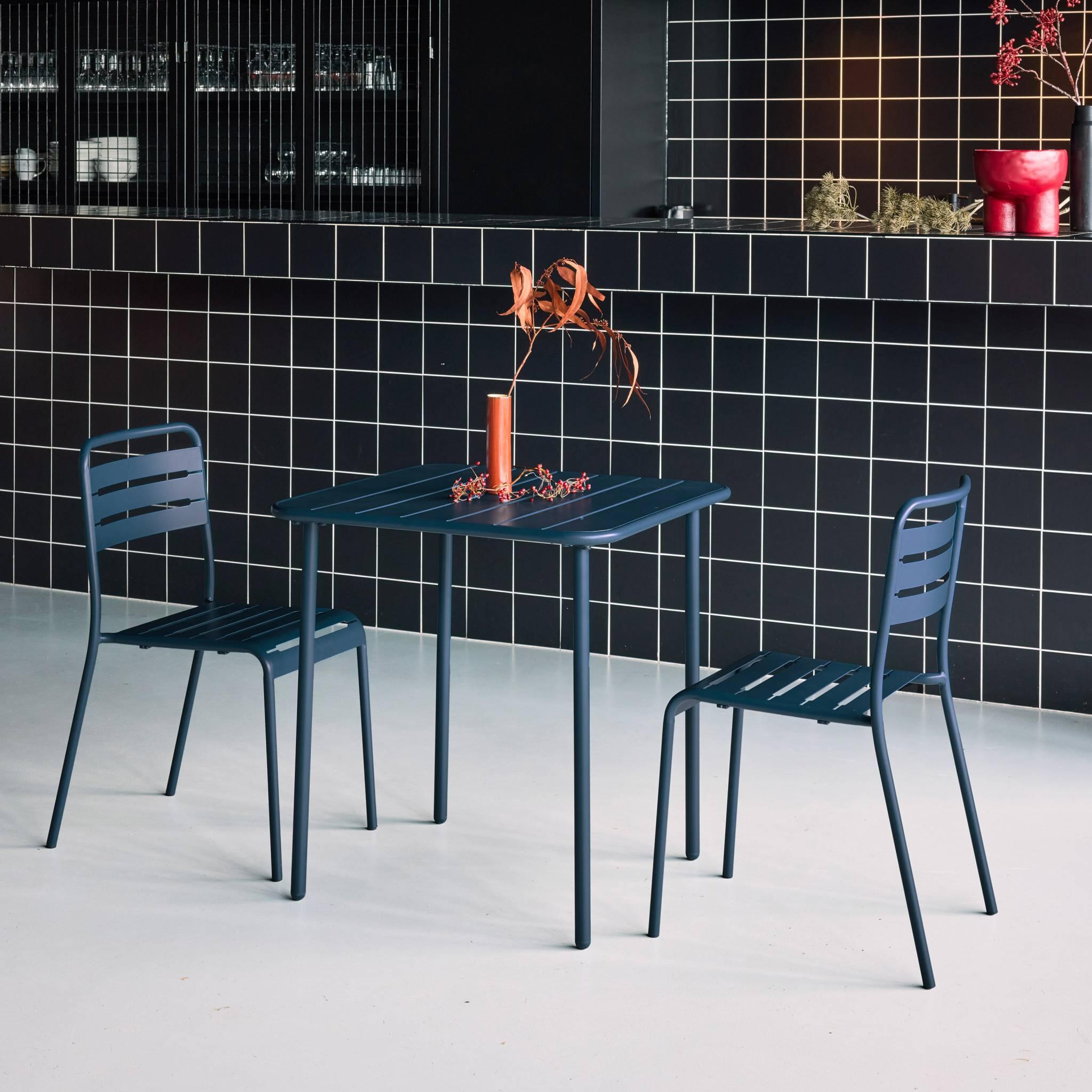Set mesa de jardín bistró de acero con 2 sillas, 70 cm, Azul marino 5/6