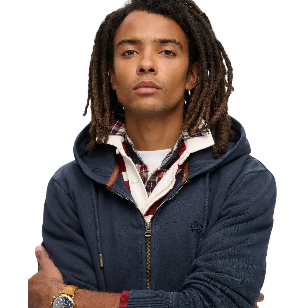 Felpa Uomo Superdry Essential Washed Ziphood con Cappuccio e Cerniera, Blu Navy 5/6