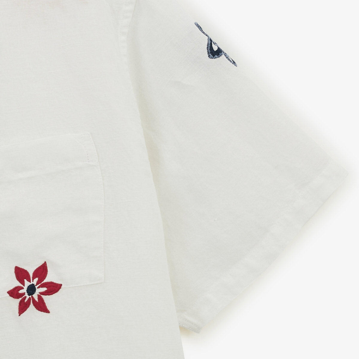 Camisa de manga corta con flores bordadas de lino y algodón blanco 5/6