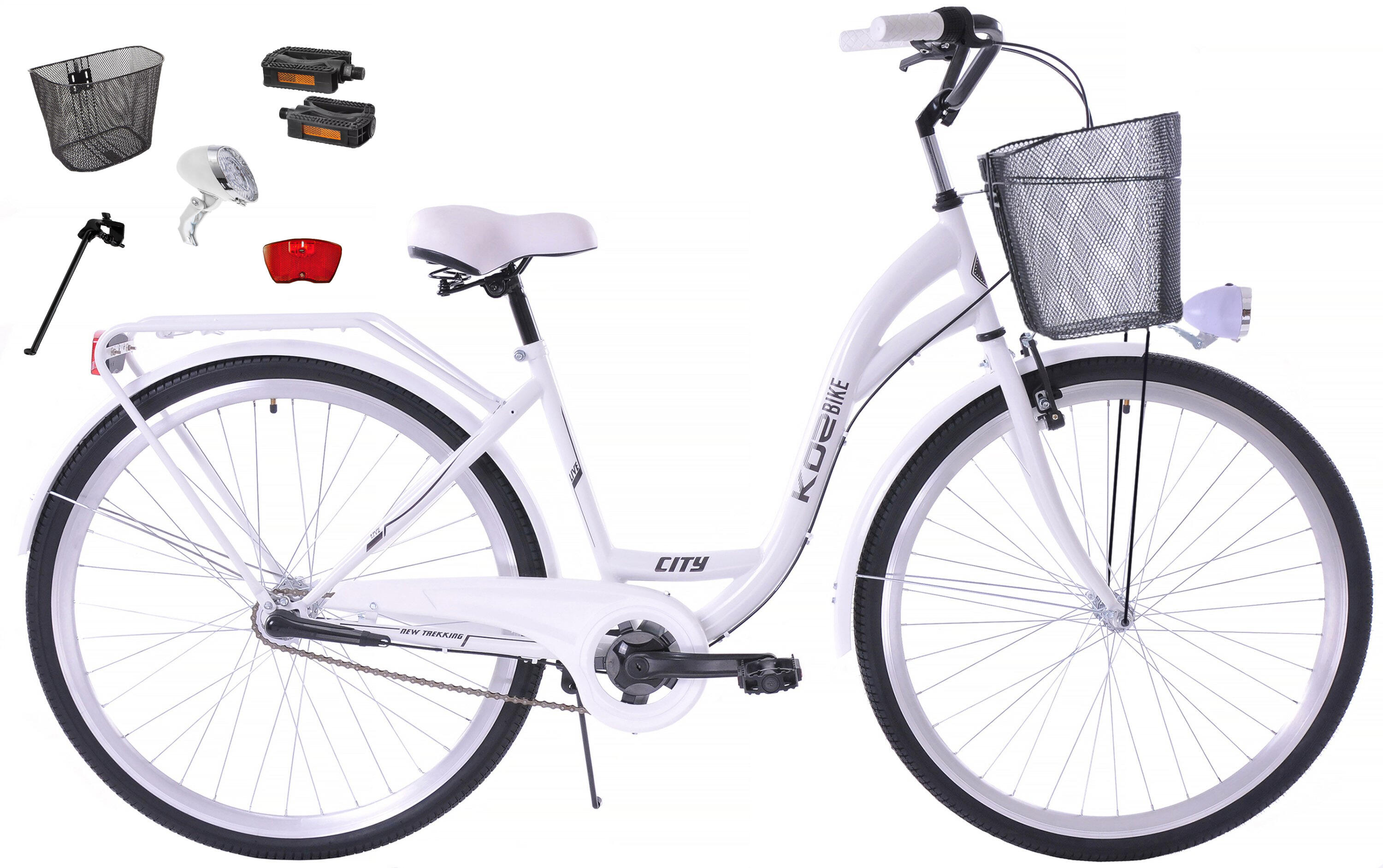 K25 Rower miejski Kozbike 28 3bieg biały z metalowym koszem