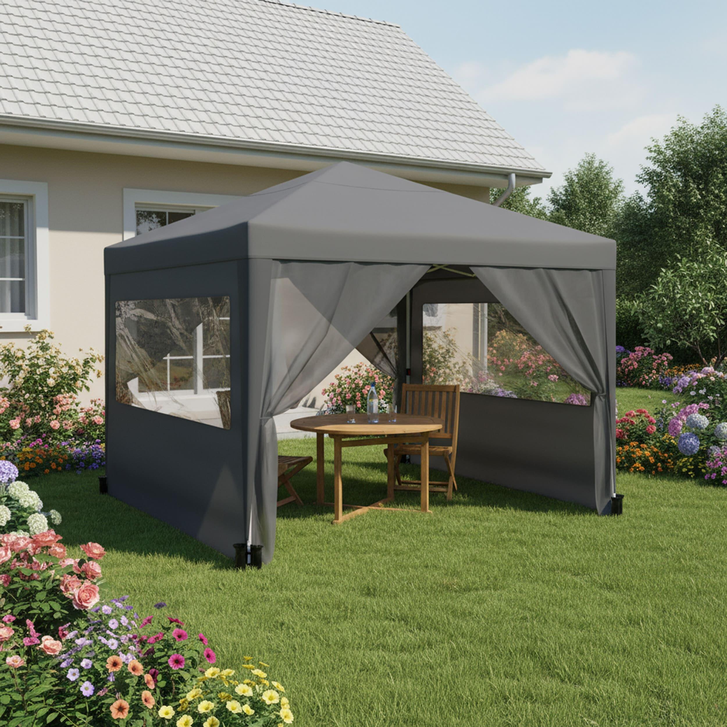 Tente Pliante 3x3m Grise UPF50+ pour 10 Personnes avec 4 Parois et Sac 3/7